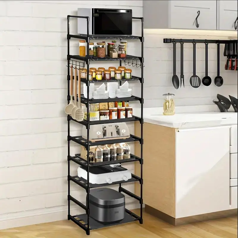 Kitchen Storage Rack, 1 Count Adjustable Kitchen Storage Rack with Hooks, Multifunctional Storage Organizing Home Organizaztion for Kitchen, Food Storage Room, Bathroom, Organization