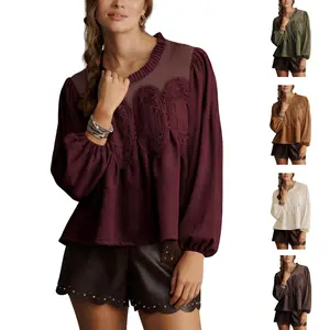 Molitree Women's Lace-Detail Suede Flared Blouse Long Sleeve Crew Neck Swing Babydoll Tops Elegant Intricate Mesh Loose Shirts