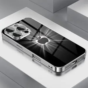 Black Apple Shiny High-End Pattern Electroplated Glass Phone Case with Lens Protection Compatible with iPhone 11,12, 13, 14, 15, 16,17 PIUS, Pro, and Promax, including Pro and Pro Max