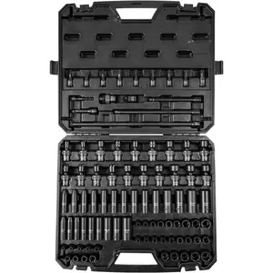 Spring new arrivals Impact Socket Set 3/8" Drive, 90 PCS, CR-MO, SAE 1/4"-3/4" Metric 6-19mm, with Shallow & Deep Sockets, Swivel & E-Torx & Bit socket Sockets, Extension Bars, Adapters, Universal Joint