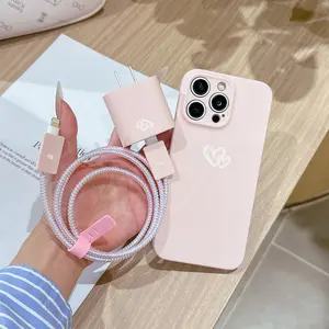 6-Piece Set Heart Pattern Phone Case Charger Head Cover, Cable Protector, Storage Rope, Data Line Protection for iPhone 11-16 Pro Max