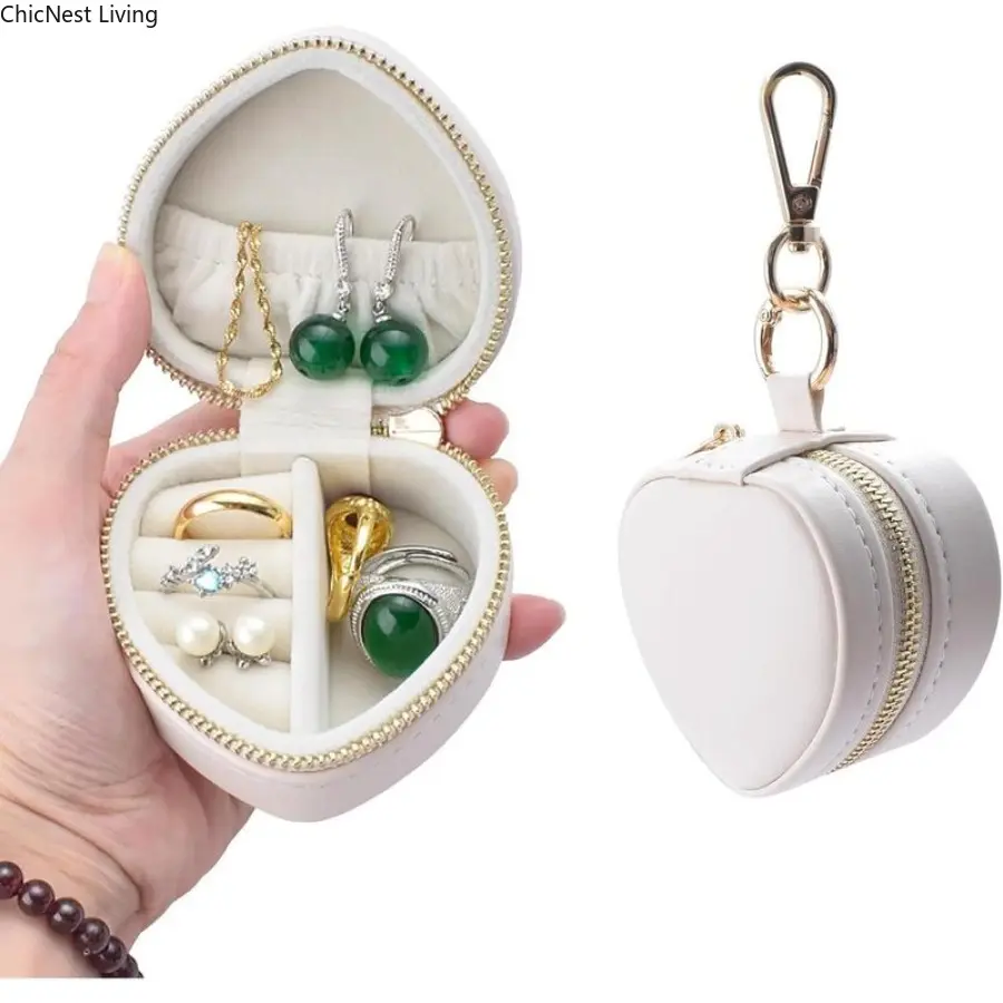Heart Shape Ring Holder Keychain Jewelry Organiser - PU Leather Jewelry Box with Velvet Cover, Metal Accents, Secure Zipper, Mini Portable Lightweight Gift for Weddings, Vacations