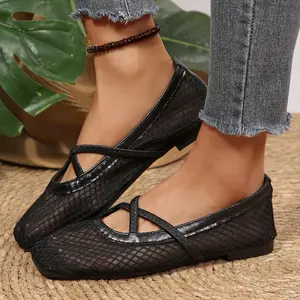 Women's Mesh Ballet Flats Fishnet Square Toe Ballerina Flats Crisscross Strap Causal Daily Dress Shoes
