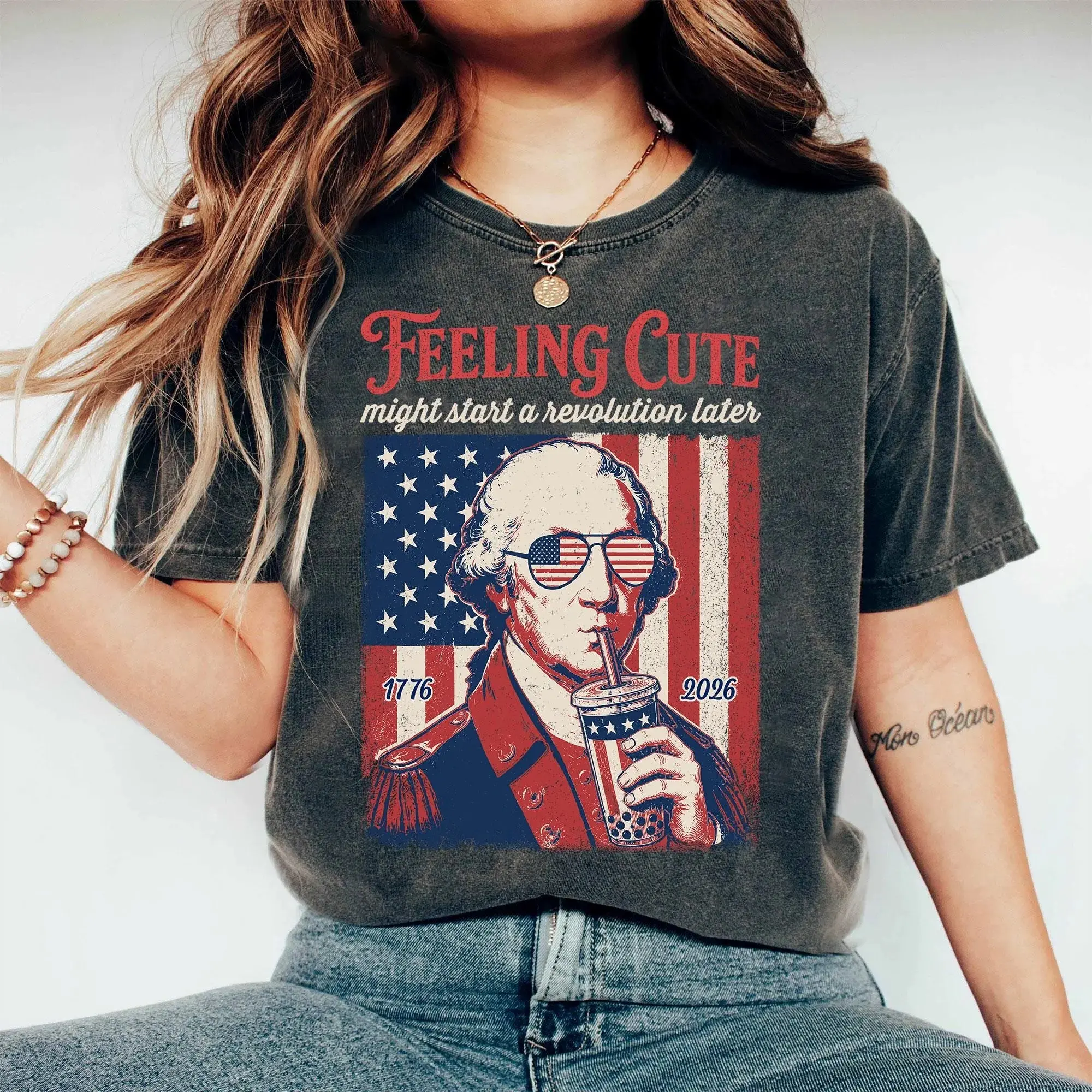 [Made In USA][Comfort Colors Collection] Feeling Cute Might Start a Revolution Later Shirt, Patriotic Funny USA 250th Anniversary Tee, 1776 2026 Independence Day Graphic T Shirt, Vintage American Freedom Unisex Gift