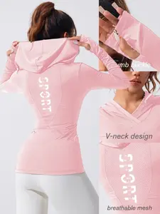 Women's Sporty Hooded Sweatshirt, Athletic Hoodies, Slim-Fit Long Sleeve Yoga Running Fitness Top, Breathable Mesh Patchwork V Neck Pullover