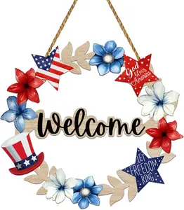 4th of July Decorations Patriotic Decorations Patriotic Wreath Welcome Sign Wooden 4th of July Wreaths for Front Door Decorations Memorial Day Fourth of July Hanging Sign for Wall Indoor Home Decor