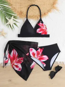 Floral Print Halter Neck Bikini Set for Girls, Summer Beachwear, Cute Swimwear, Perfect for Pool Parties and Vacations