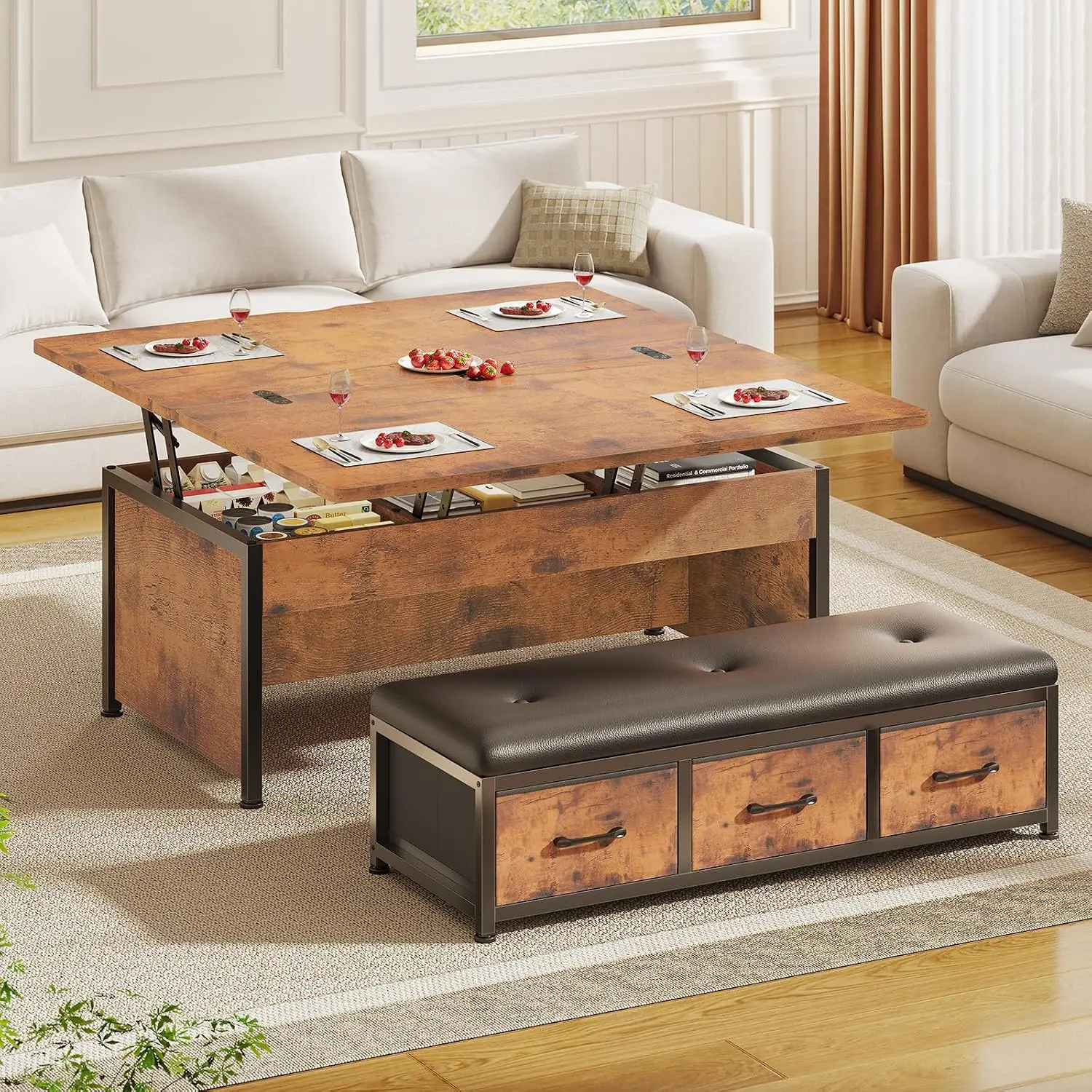 Itaar Lift Top Coffee Table Set, 43'' Multi-Function Coffee Table with Storage Drawers and Hidden Compartment, Center Table with Ottoman Bench for Living Room