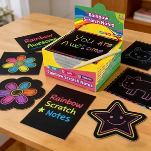 Home Rainbow Fun Scratch Art Paper (8.5cm × 8.5cm) — Colorful, Reflective Mini Memo & Art Drawing Kit: Simply Scratch Away the Black Coating to Reveal Brilliant Patterns.