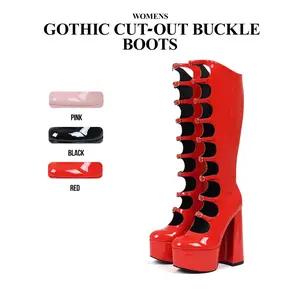 CYNLLIO Womens Gothic Cut-Out Buckle Knee High Platform Boots Rounded Toe Chunky Block Heels Side Zipper Adjustable Multi Buckles Fashionable Attractive Combat Punk Stylish Wedding Evening Night Club Party Outing Spring Shoes