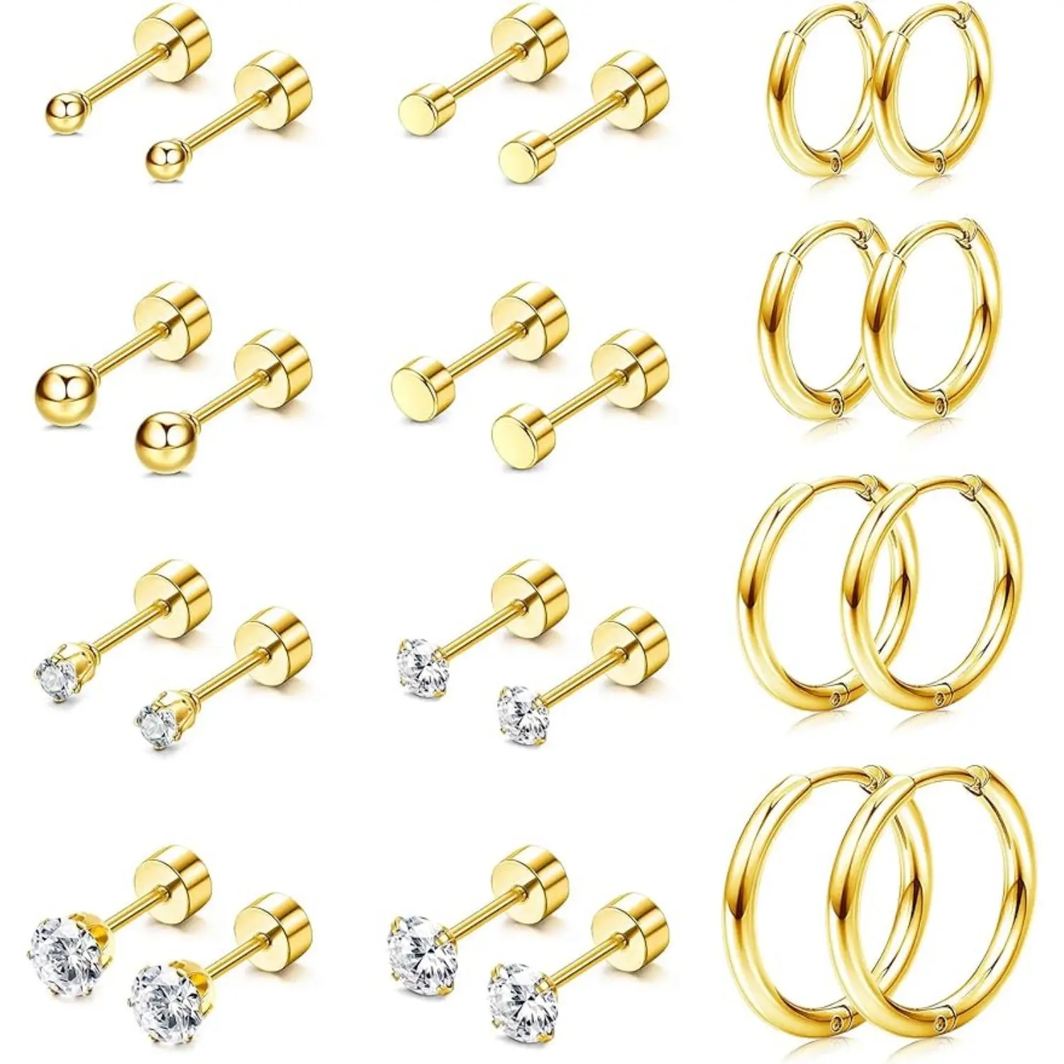 CASSIECA Multiple Piercing Jewelry Set - Lightweight Surgical Steel Tiny Hoops, CZ Ball Dots, Flat Back Tiny Cartilage Studs for Helix Piercing, Daily Wear