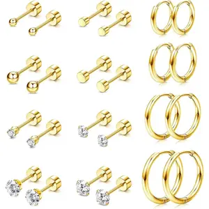 CASSIECA Multiple Piercing Jewelry Set - Lightweight Surgical Steel Tiny Hoops, CZ Ball Dots, Flat Backs Tiny Cartilage Studs for Daily Wear