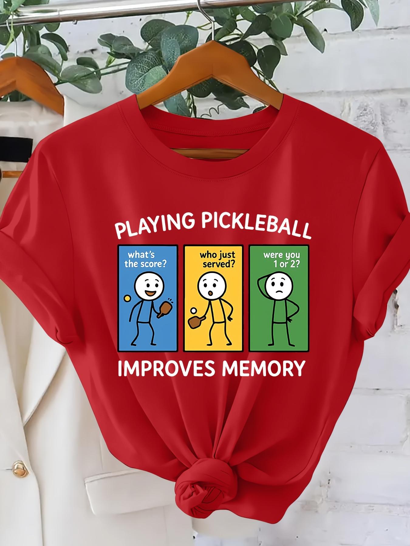 PLAYING PICKLEBALL Fun Cartoon Character Print Fashionable Vintage Style Women's Short Sleeve T-Shirt, Spring/Summer Daily Commute Casual Versatile Elegant Women's Apparel, Sporty Trendy Versatile Design, Simple Round Neck Comfortable Breathable Top,