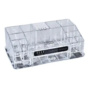 Acrylic Makeup Tray Organizer– 16 Compartments 1 Drawer, Rectangular Holder for Brushes, Eyeshadow Palettes, Skincare & Beauty Supplies