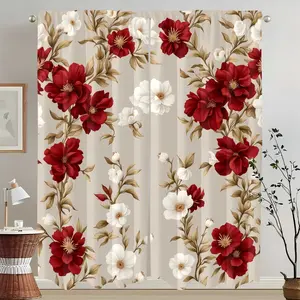 2pcs， Adopting pocket pole installation, red and white camellia printed curtains, 100% polyester material, wear-resistant and wrinkle resistant, suitable for bedroom, living room, dining room and other spaces, adding a gentle atmosphere to the home
