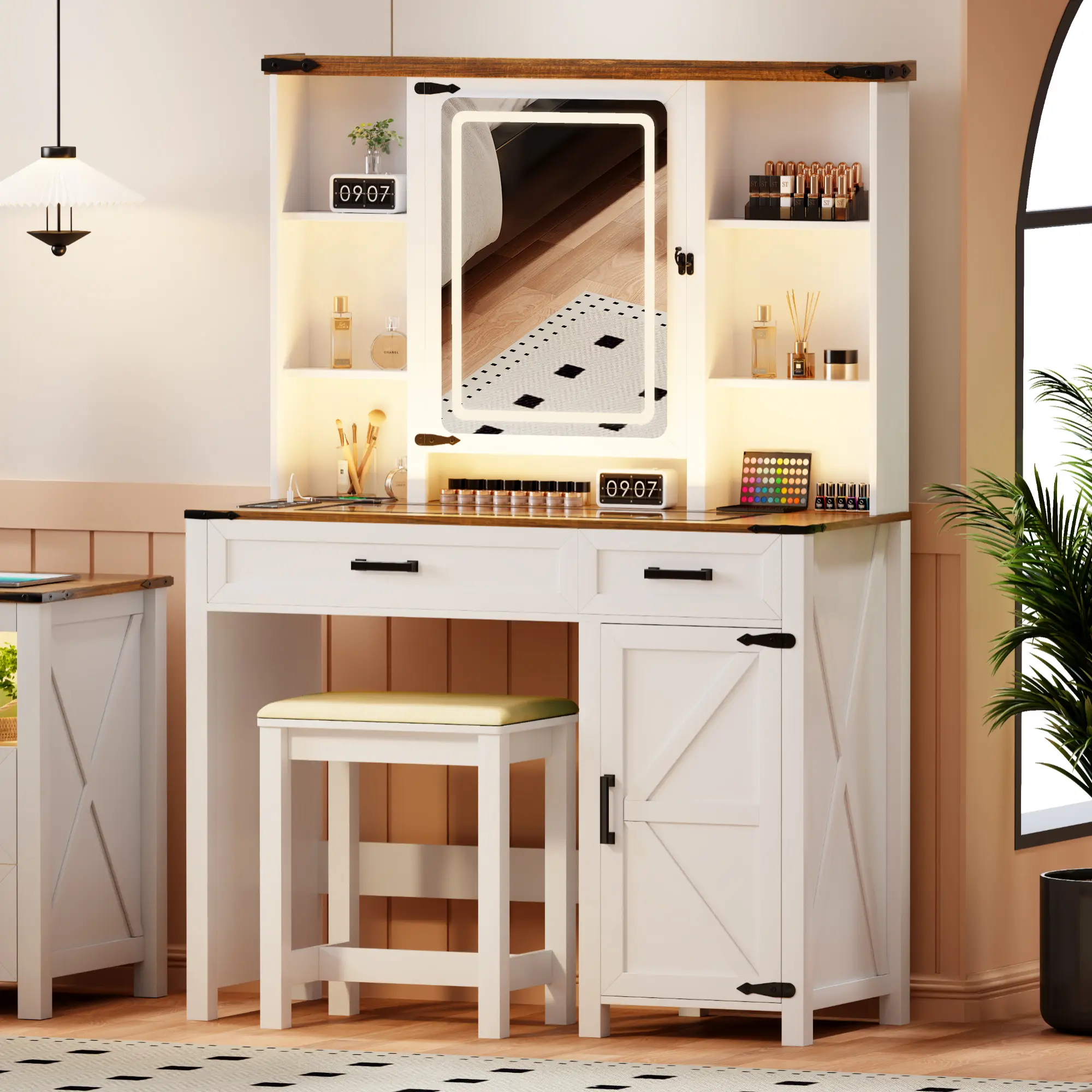 Miu Makeup Vanities - 3-color lights , with free chair,Elegant Design for Home Makeup Storage with High-End Finish and Versatile Use Furniture Table