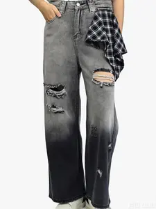 Lux Lee Baggy Wide-Leg Women's Jeans - Vintage Gradient Washed Denim, Distressed Ripped Holes, Plaid Triangle Patch, High-Waisted Slimming Fit For Longer Legs Visual, Inclusive For All Leg Types, Head-Turning Street Style For Bold Fashionistas