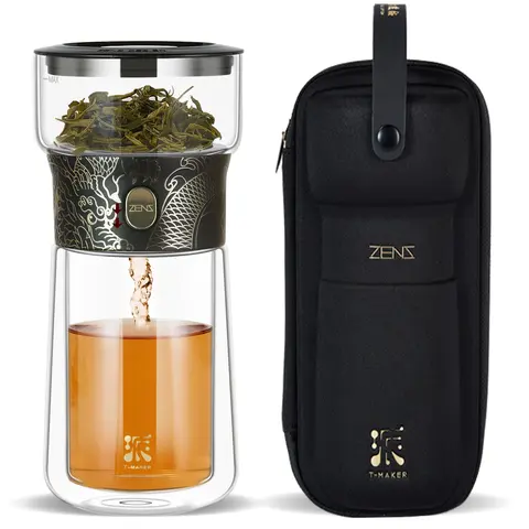 ZENS Cool Glass Teapot with Infuser, Modern One Touch Tea Maker for Loose Tea Diffusers with Insulated Mug and Portable Tea Bag, Dragon Design Magic Teapot for Tea Lover Gifts