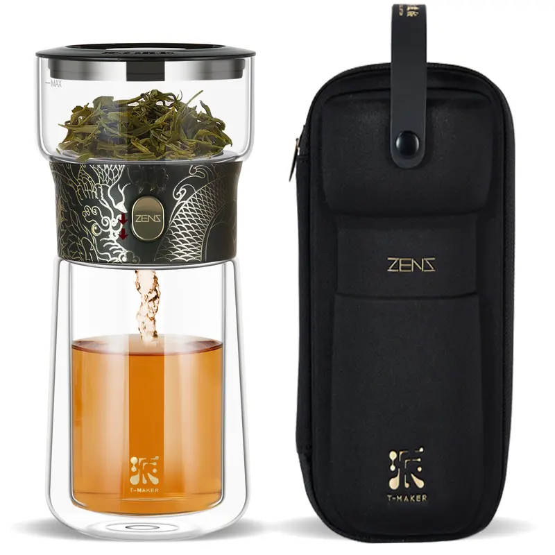 ZENS Cool Glass Teapot with Infuser, Modern One Touch Tea Maker for Loose Tea Diffusers with Insulated Mug and Portable Tea Bag, Dragon Design Magic Teapot for Tea Lover Gifts