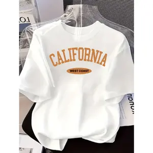 Women'S California West Coast Graphic T-Shirt - with Orange Lettering, Soft Breathable Short Sleeve Crew Neck Casual Top, Relaxed Fit All-Season Comfort, Trendy Beachwear & Everyday Essential for Women, Versatile Layering Piece for California