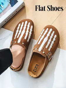 Men's Unique Skeleton Pattern Funny Mule Sandals - Ultra-Comfortable Soft Cushioned Insole, Black & White Edgy Buckle Design, Street Style Casual Outdoor Slip-On Slides