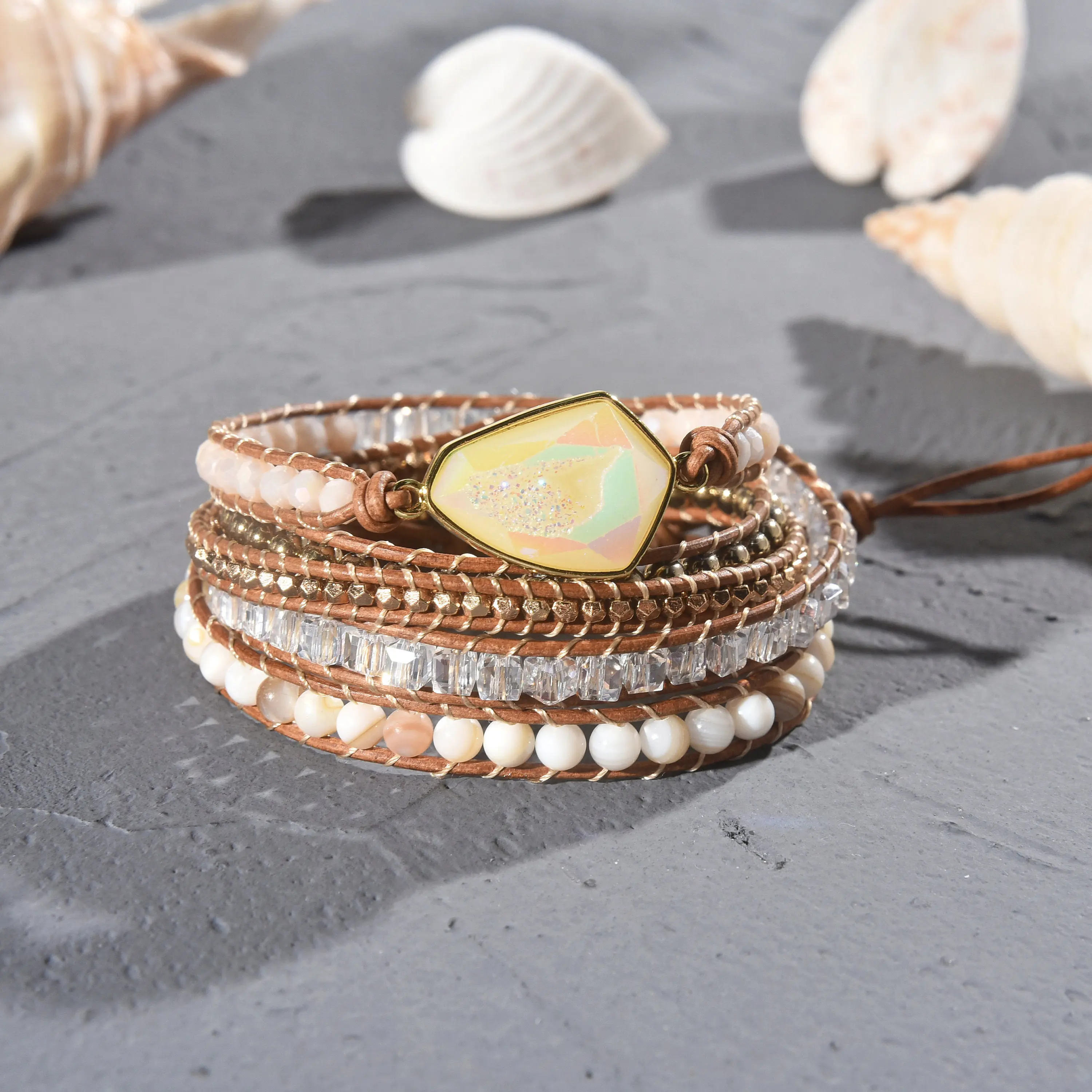 Hand-Crafted Mother Of Pearl Super Bracelet Mixed stone Layering Bracelet. Boho Bracelet.Multi-stone wrap bracelet. Pearl Wrap Bracelet.