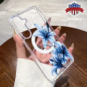 Magnetic Soft Case Compatible with Galaxy  S23 Ultra S24 Plus FE S25 S22+ Blue Lily Pattern Anti-Yellowing Shockproof ultra-thin Silicone Crystal Transparent Acrylic Large Hole Cover Supports Wireless Charging