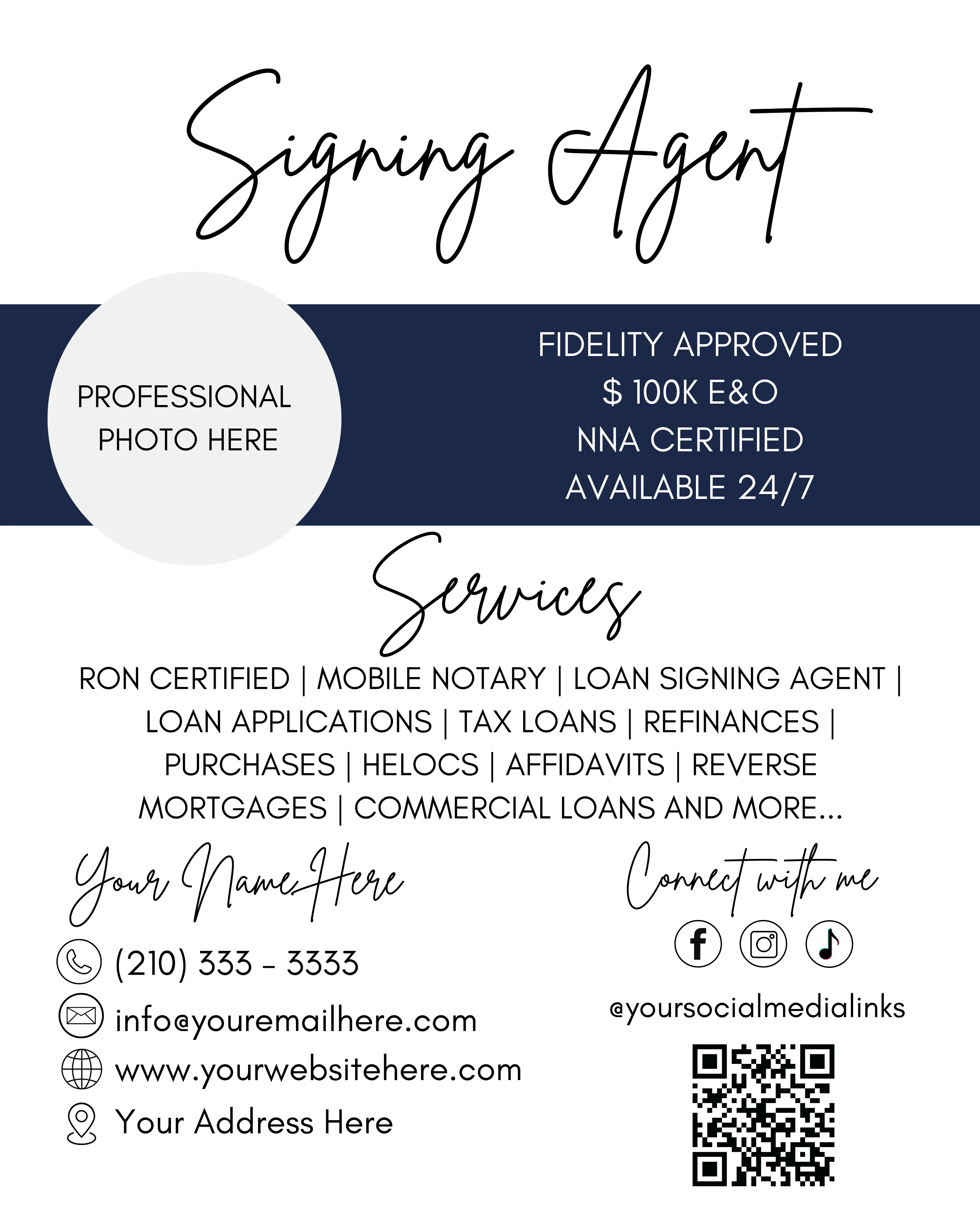 Signing Agent Marketing Flyer - Professional Design with Customizable Details, QR Code, in High-Quality Cardstock Print