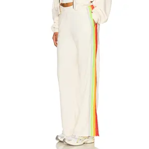 Aviator Nation 5 Stripe Wide Leg Pocket Sweatpant in Vintage White & White Neon