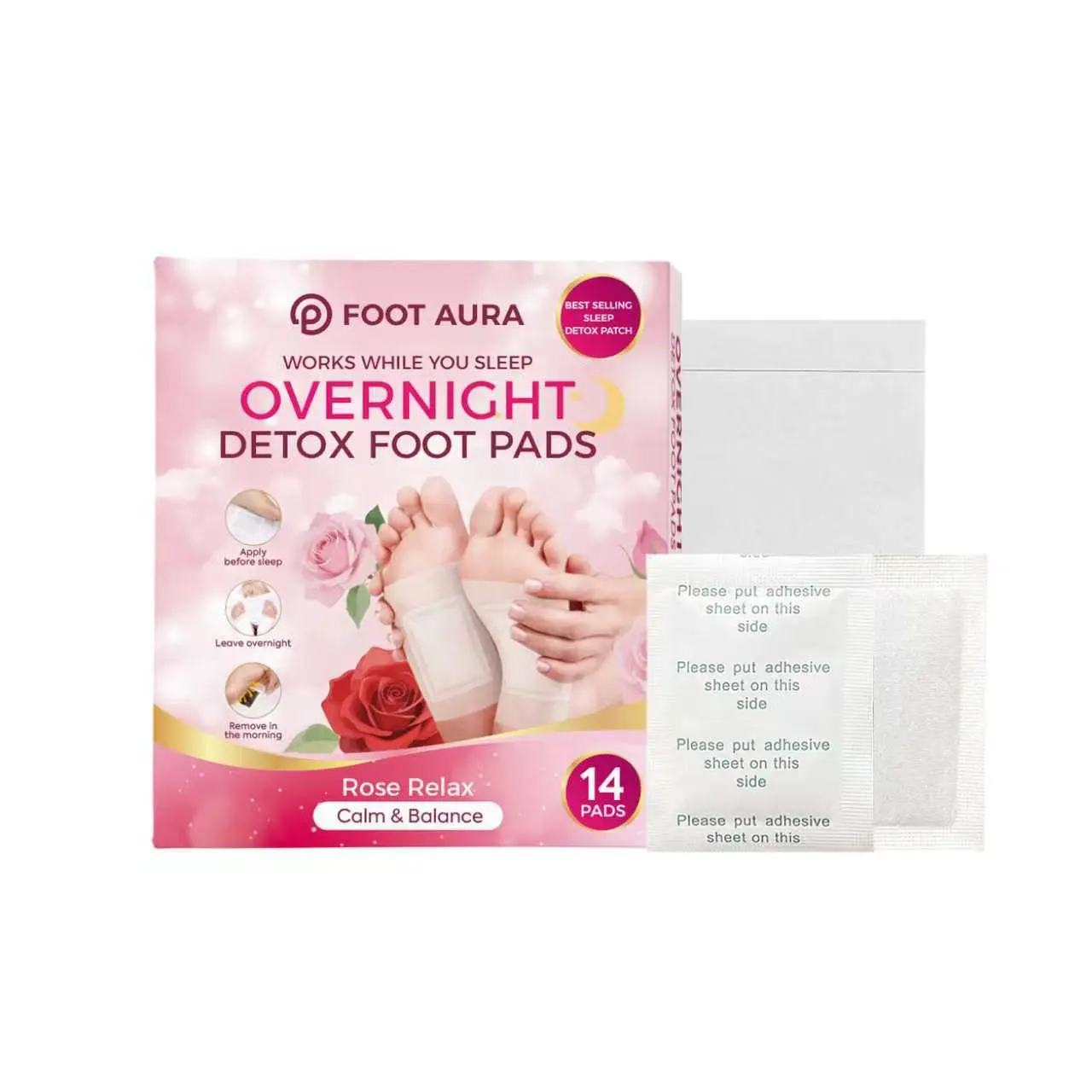 FootAura Overnight Foot Patches – Detox & Relaxation While You Sleep – Rose Extract – Refresh, Restore & Rebalance – 14 Count