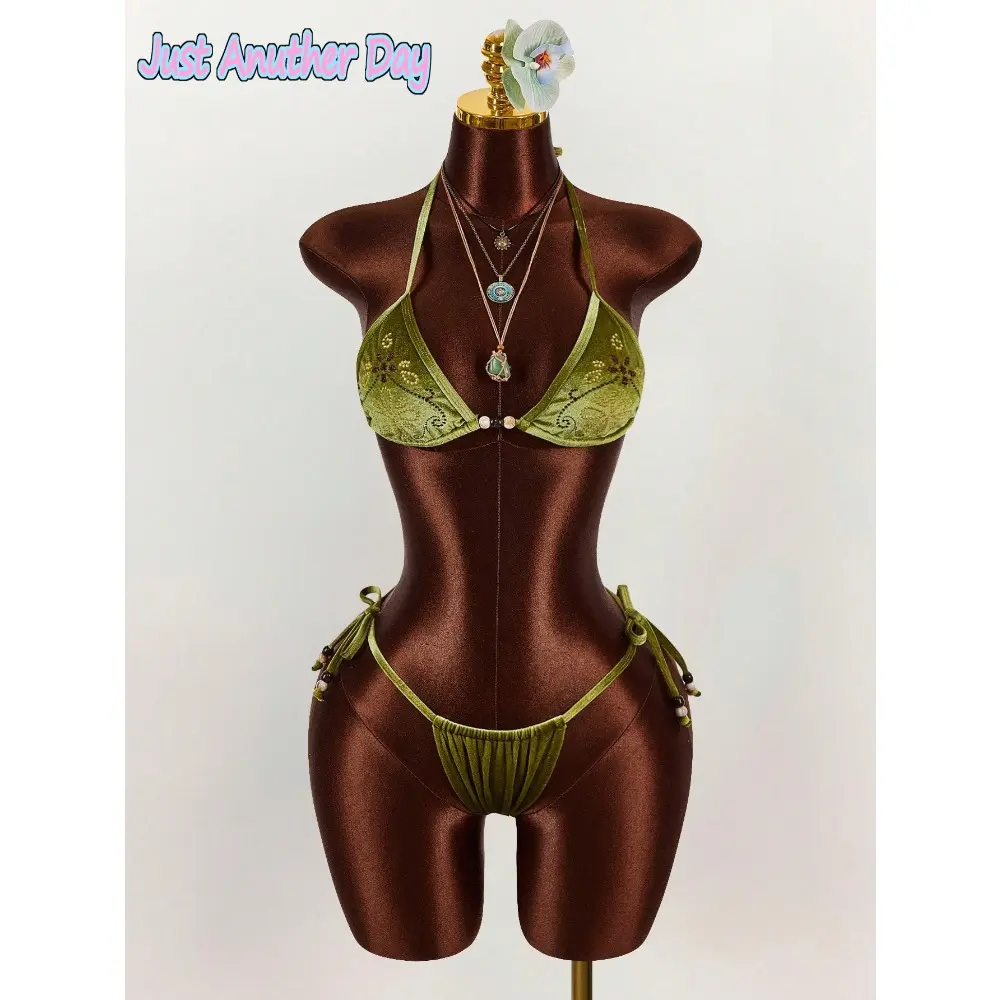 2pcs Women's Beaded Embroidered Triangle Cup Bohemian Backless Crop Top Clothes, Green, Sexy, Avant-Garde for Sports & Outdoor Activities