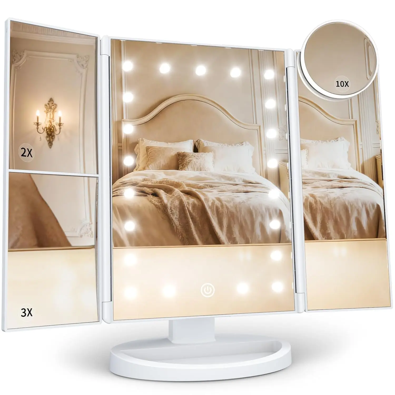 2X/3X/10X Magnifying Vanity Mirror with Light, Trifold Makeup Mirror | Touch Dimming, Dual Power, Clear View for Makeup, Skincare. Dorm Room Essentials. Birthday Gifts for Women, Mom, Wife, Girls