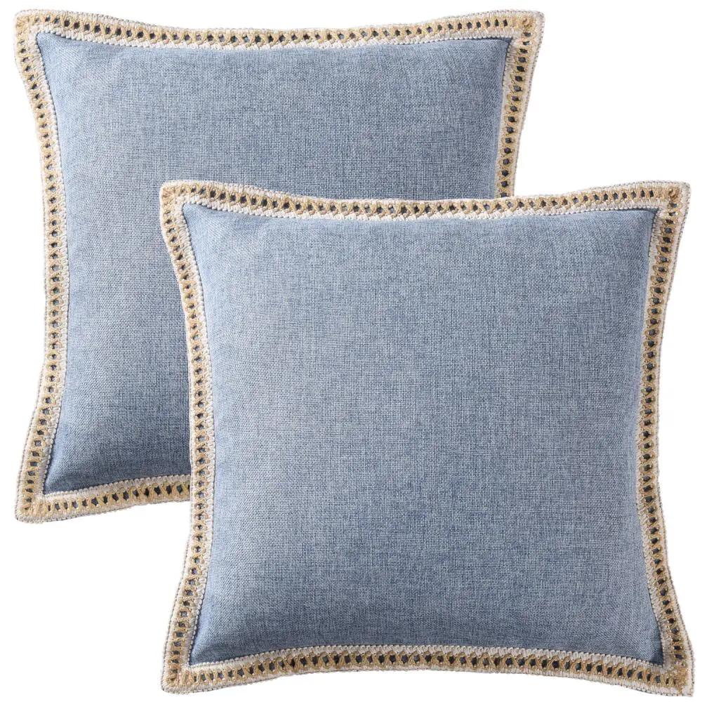 HIG Decorative Throw Pillow Covers Pack of 2, Textured Polyester Cushion Covers with Rustic Burlap Trim and Zipper Closure