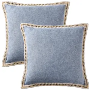 HIG Decorative Throw Pillow Covers Pack of 2, Farmhouse Burlap Trimmed Pillow Cases, Rustic Linen-Like Cushion Cover with Zipper Closure lumbar pillow
