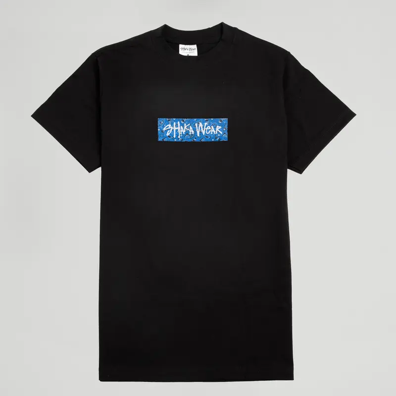 SHAKA WEAR Men's 7.5oz Max Heavyweight Paisley Pattern Basic T-Shirt - Short-Sleeve, Thick Fabric, Box Logo, Tie-Accent, 90s Street Vibe, Protective Layer, Streetwear, Casual Classic, All-Season Menswear Top (Black/Blue)