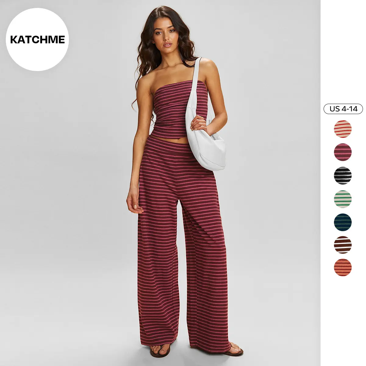 Katch Me Women's Chic Color Matching Stripe Slim Tube Top & Low-Rise Wide Leg Trousers Co-ord, Spring & Summer Holiday Outfits, Comfortable Womenswear