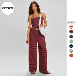 Katch Me Women's Chic Color Matching Stripe Slim Tube Top & Low-Rise Wide Leg Trousers Co-ord, Spring & Summer Holiday Outfits, Comfortable Womenswear