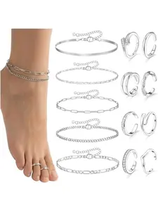 13Pcs Toe Rings and Ankle Bracelets for Women Silver Gold Layered Anklets Chain Adjustable Open Tail Toe Ring Beach Foot Jewelry for Summer