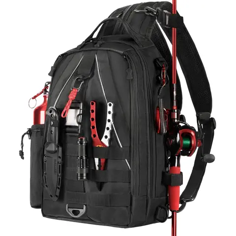 Adult Unisex One Size 1000D Water-Resist Nylon Fishing Tackle Sling Bag - Fishing Equipment, Sling/Backpack Swap, Chest-Ready, Rod Holder, MOLLE Straps, Double Zipper, Plier-Ready Pocket, Waterproof Pad, Mesh Back Airflow (Accessories Not Included)