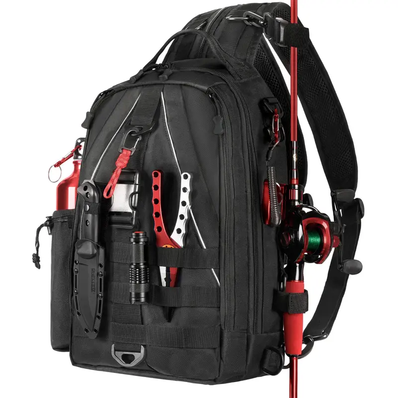Adult Unisex One Size 1000D Water-Resist Nylon Fishing Tackle Sling Bag - Fishing Equipment, Sling/Backpack Swap, Chest-Ready, Rod Holder, MOLLE Straps, Double Zipper, Plier-Ready Pocket, Waterproof Pad, Mesh Back Airflow (Accessories Not Included)