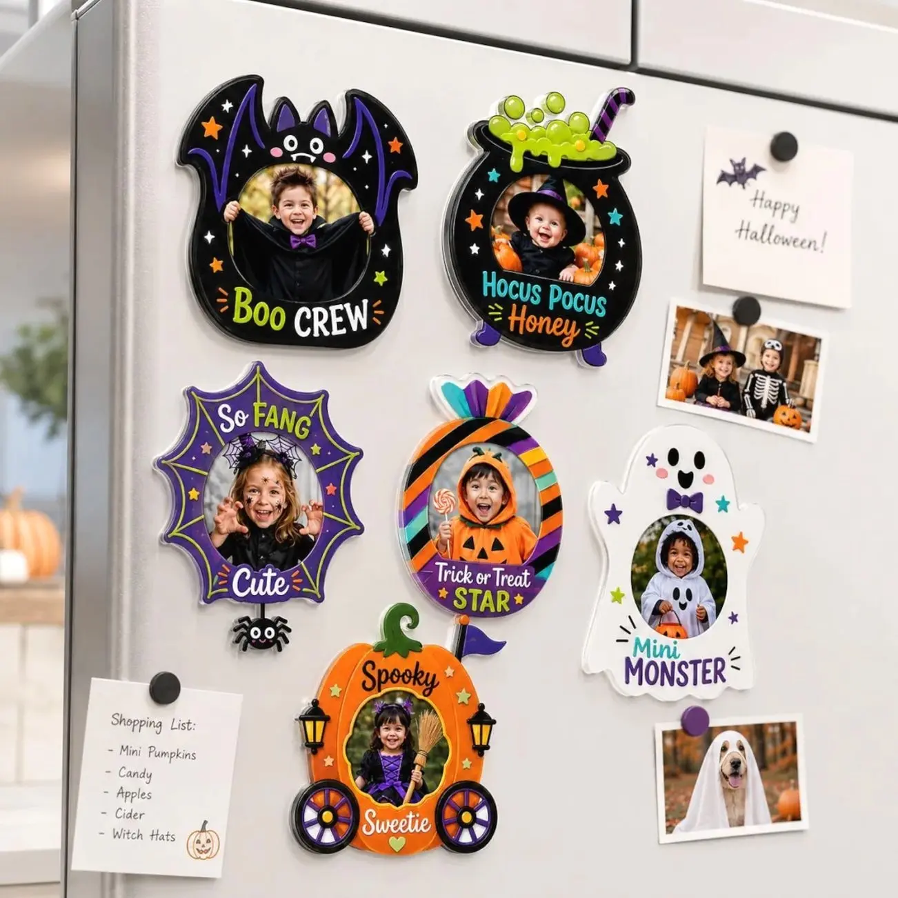 6 ops Personalized Halloween Photo Fridge Magnet 1 layer, Custom Picture Frame, Bat Ghost Pumpkin Keepsake