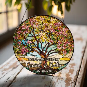 Jubilee Wedding Anniversary (30th, 40th, 50th,...) Tree of Life Suncatcher - Custom Name & Date Stained Glass Gift - Golden Wedding (50th) Anniversary Decor for Parents