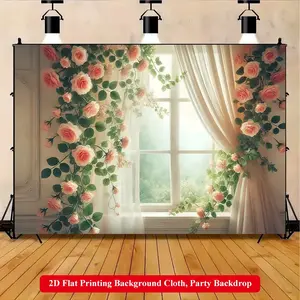 2D Flat Printing Backdrop Banner 1pc, Beautiful Flowers On White Curtain Background Cloth, Multi-Size Polyester Wall Decor Suitable for LivingRoom, Bedroom, Office, Outdoor Parties and Holiday Gifts, No Electricity Required, Party Decoration Supplies