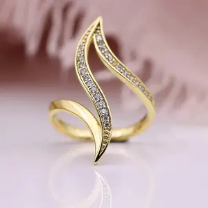 Minimalist Shiny Arc-Shaped Zirconia Gold-Plated Ladies Wedding Ring - Bridal Engagement Wedding Promise Anniversary Ring, Gorgeous Jewelry, Perfect Valentine's Day & Christmas Gift