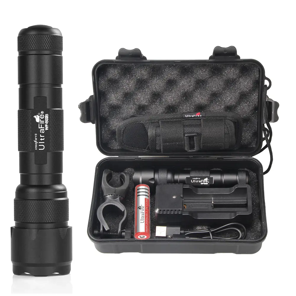 UltraFire WF-502B Tactical Flashlight for Law Enforcement, 1000 Lumen Aluminum Alloy Body, 5-Mode IPX-65 Waterproof LED Beam with 18650 Cells and USB Port Charger, Compact Grip, Tactical Light, Rechargeable Light, Adults