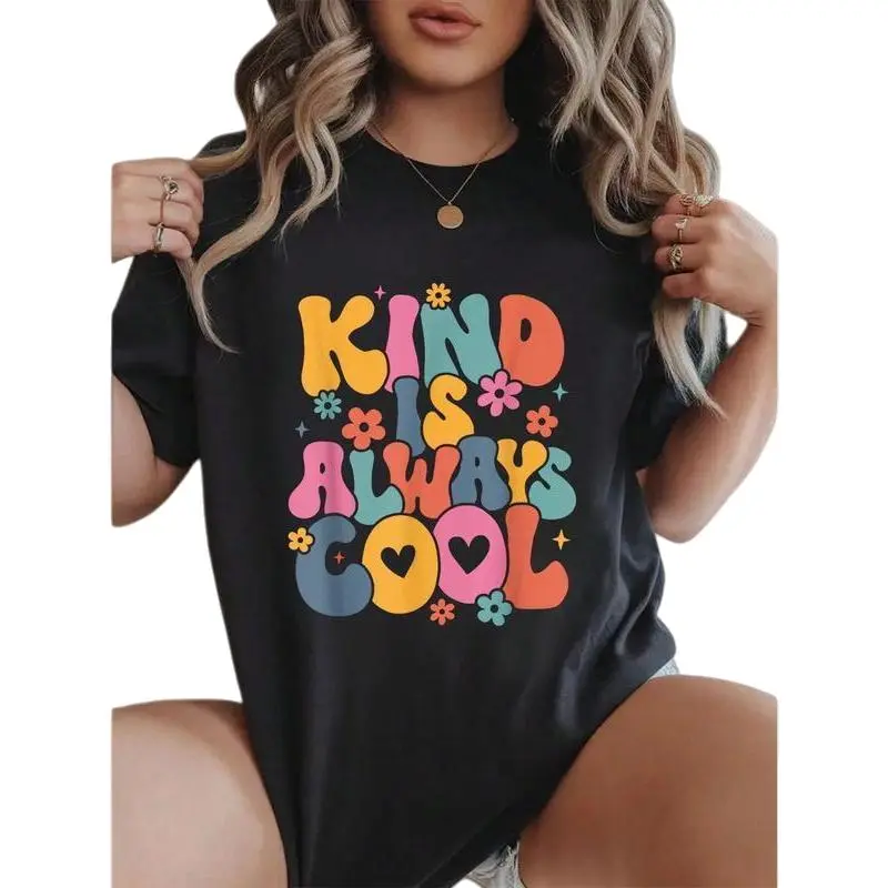 Women's Short-Sleeve Casual Baggy Oversize Graphic T-Shirt - Lady Teacher Kindness Matters Groovy Cool Stylish Summer Top, Shortsleeve, Round Neck
