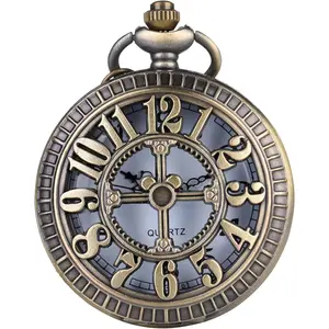 Retro Antique Bronze Pocket Watch with 31" Lobster Clasp Necklace Chain, Classic Quartz Clock Necklace,  Steampunk Pocket Watch with Chain for Men and Women
