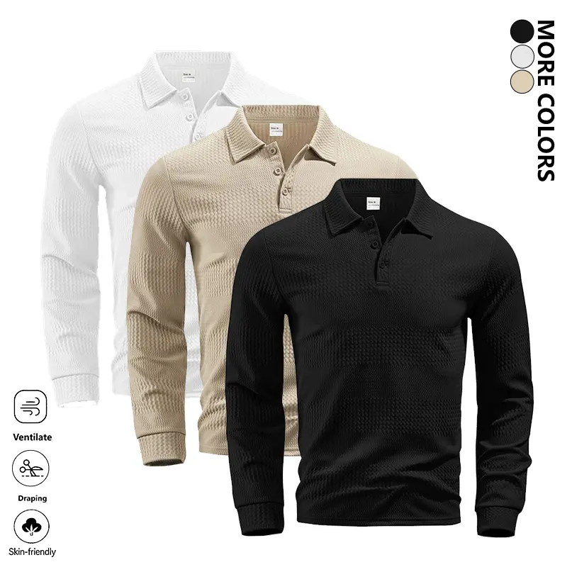 LIFE KEEPS MOVING men’s long-sleeve polo shirt, textured knit golf sweater—soft, skin-friendly, breathable, and comfortable; athletic T-shirt for morning casual wear; mature and elegant, minimalist and stylish, suitable for everyday outfits.