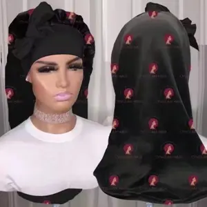 Satin Braid Long Bonnet - Black Hair Accessory with Bow Detail for Versatile Styling Options - Shower Adjustable Silk