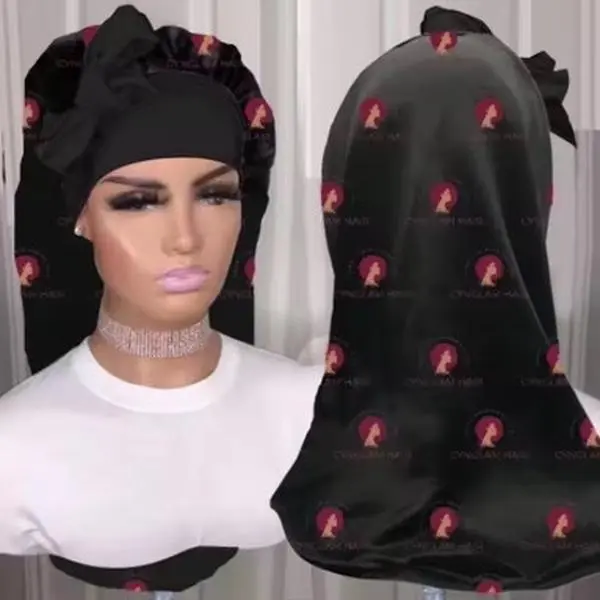 Satin Braid Long Bonnet - Black Hair Accessory with Bow Detail for Versatile Styling Options - Shower Adjustable Silk